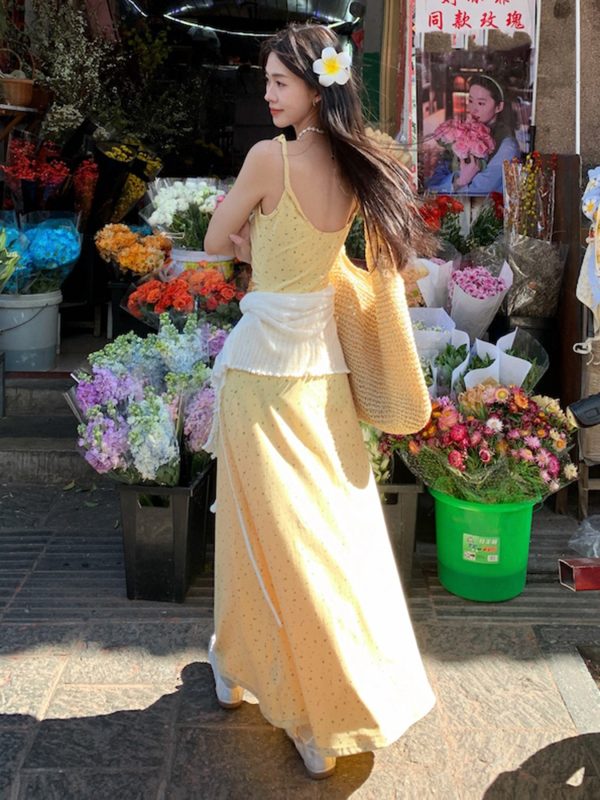 Floral Print Cami Long Dress for Women, Low Neckline and Bow Tie, Fresh Healing Style, Perfect for Summer, Boho Chic Fashion