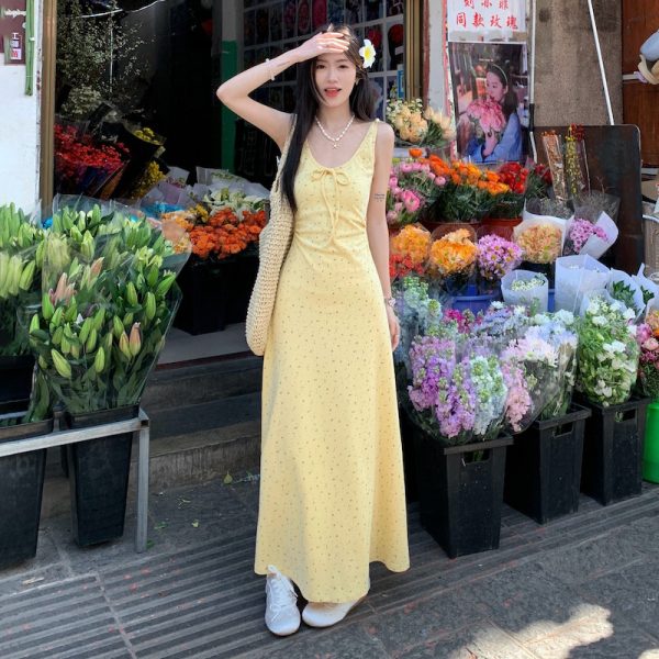 Floral Print Cami Long Dress for Women, Low Neckline and Bow Tie, Fresh Healing Style, Perfect for Summer, Boho Chic Fashion
