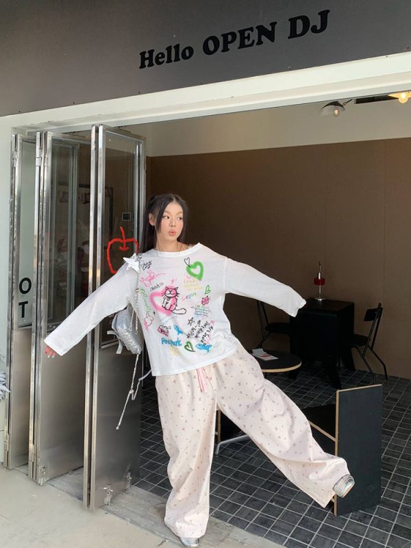Floral Print High-Waisted Wide-Leg Pants for Men and Women, Casual Loose Straight Embroidered Trousers, Y2K American Style