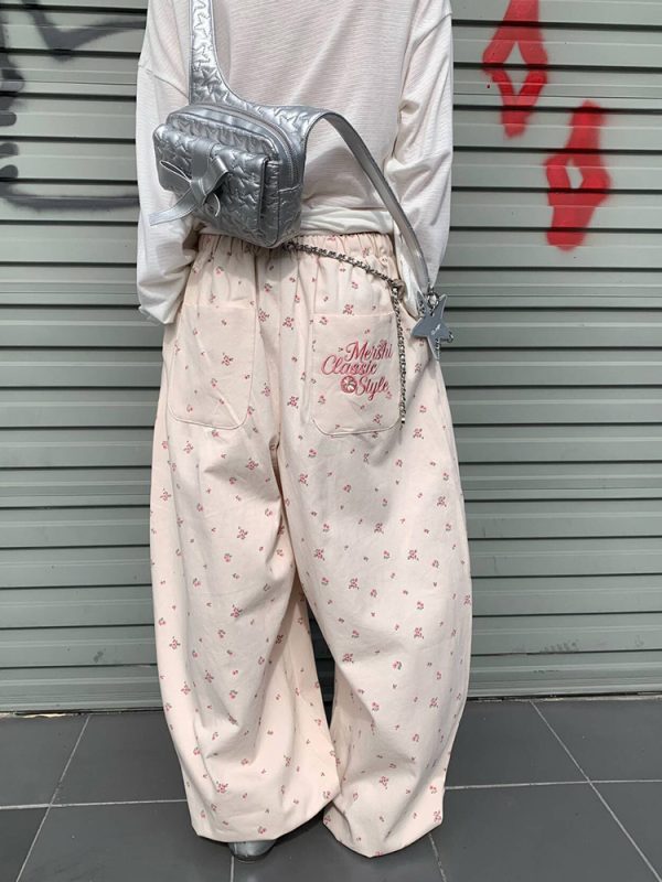 Floral Print High-Waisted Wide-Leg Pants for Men and Women, Casual Loose Straight Embroidered Trousers, Y2K American Style