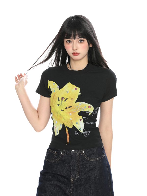 Floral Print Short-Sleeve T-Shirt for Women - Slim Fit Cropped Round Neck Summer Top - American Style Spicy Girl Fashion