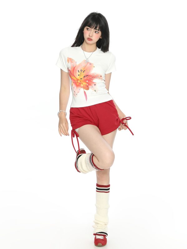 Floral Print Short-Sleeve T-Shirt for Women - Slim Fit Cropped Round Neck Summer Top - American Style Spicy Girl Fashion
