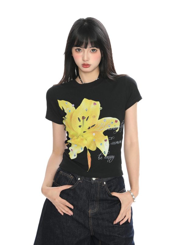 Floral Print Short-Sleeve T-Shirt for Women - Slim Fit Cropped Round Neck Summer Top - American Style Spicy Girl Fashion