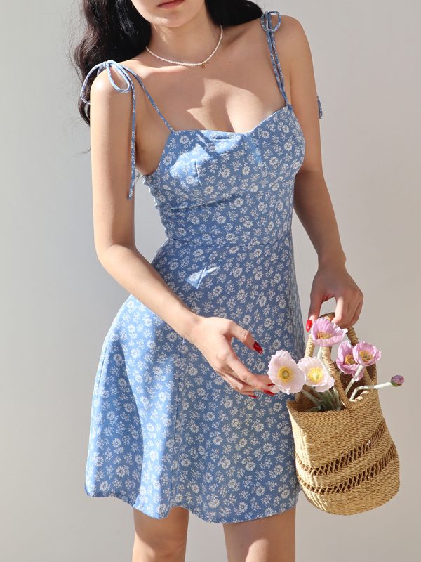 Floral Print Tie Strap Casual Dress - Short Skirt European American Style for Vacation, Summer, Beach, 90s Inspired Fashion