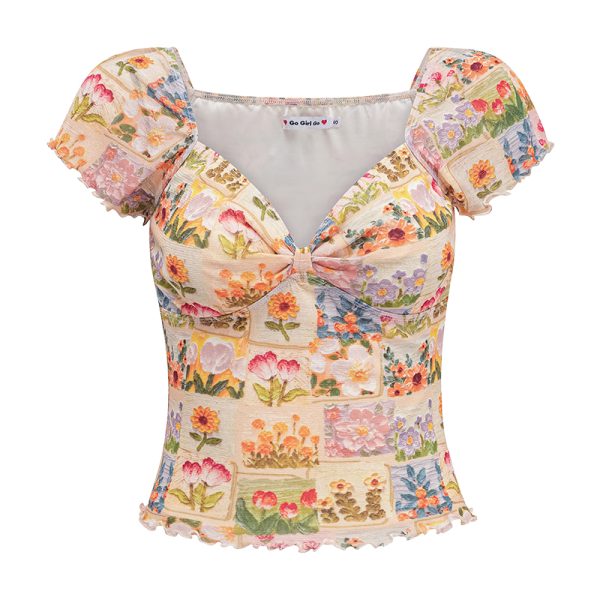 Floral Print V-Neck T-Shirt for Women - Summer Lace Mesh Short Sleeve Top in European American Style, Perfect for 90s and Y2K Fashion