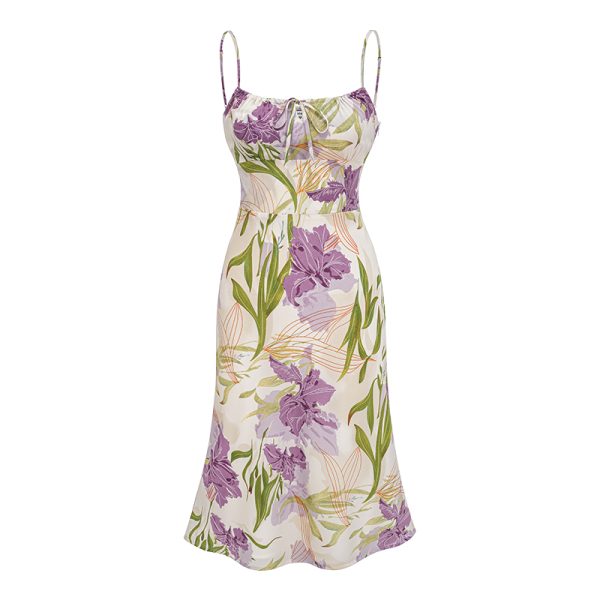 Floral Printed Hollow-Out Camisole Dress with Fitted Waist - European & American Style for Vacation, 90s Inspired Fashion