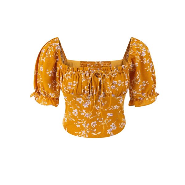Floral Puff Sleeve Blouse - Square Neck, Waist-Revealing, Short Sleeve - Spring/Summer 2025 Vacation Style