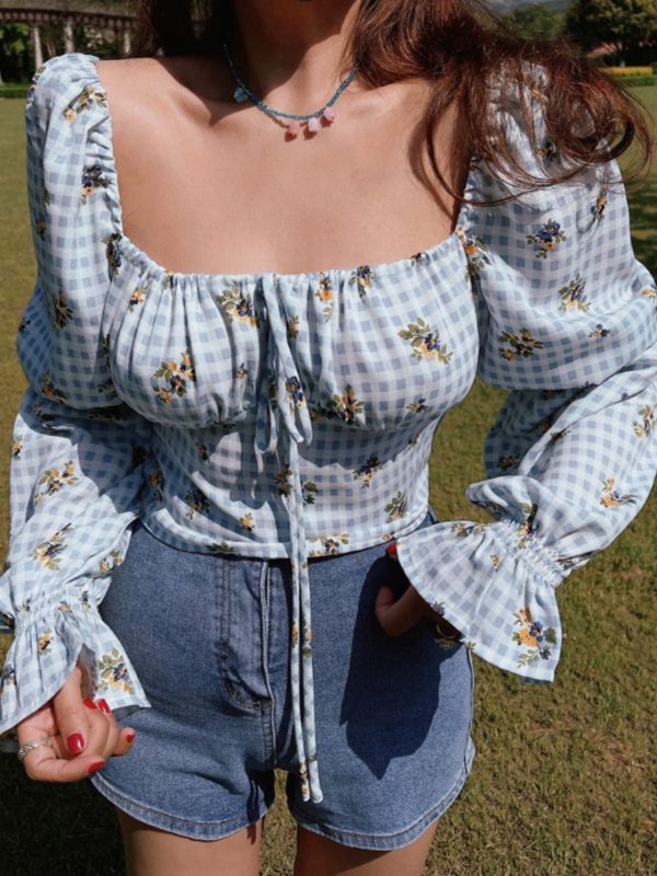 Floral Puff Sleeve Crop Top Shirt with Square Neck - Vintage French Style for Spring Summer Vacation Fashion