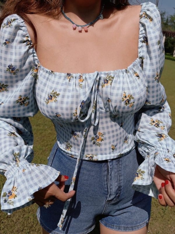 Floral Puff Sleeve Crop Top Shirt with Square Neck - Vintage French Style for Spring Summer Vacation Fashion