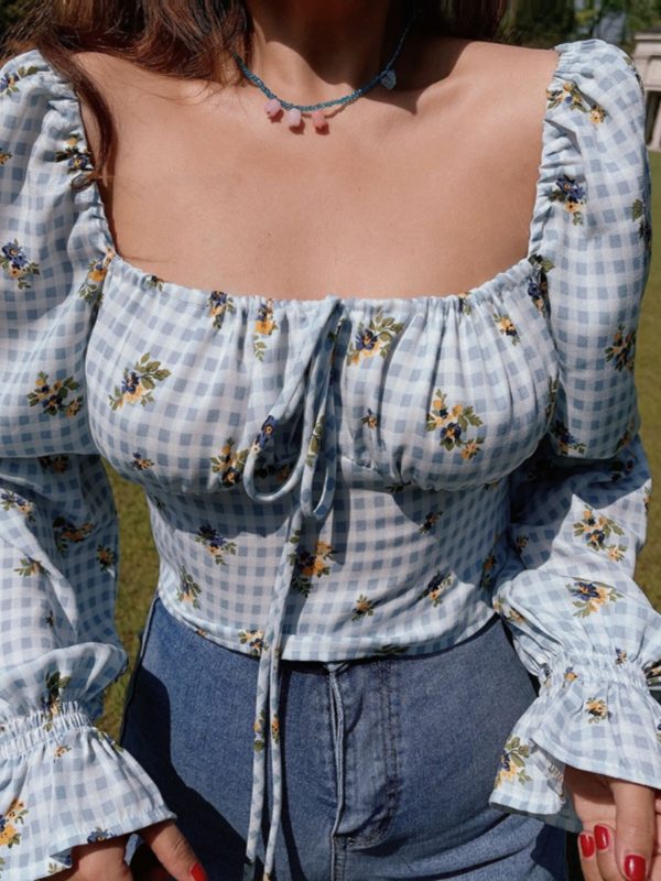 Floral Puff Sleeve Crop Top Shirt with Square Neck - Vintage French Style for Spring Summer Vacation Fashion
