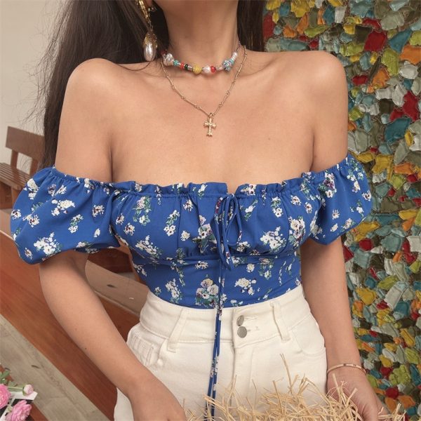 Floral Puff Sleeve Short Sleeve Vacation Shirt with Drawstring French Square Neck and Waist-Exposing Design for Spring/Summer 2025
