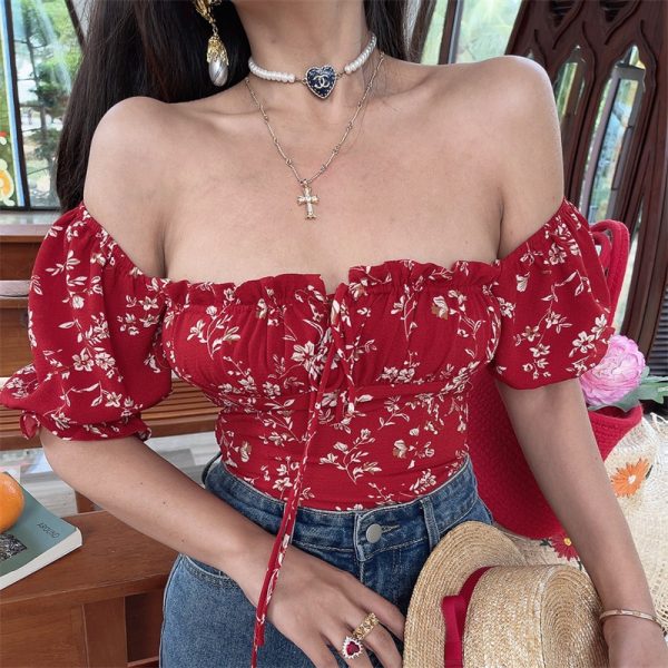 Floral Puff Sleeve Top with Square Neck and Drawstring Waist - Spring/Summer 2025 Vacation Style, Perfect for 90s and Y2K Fashion