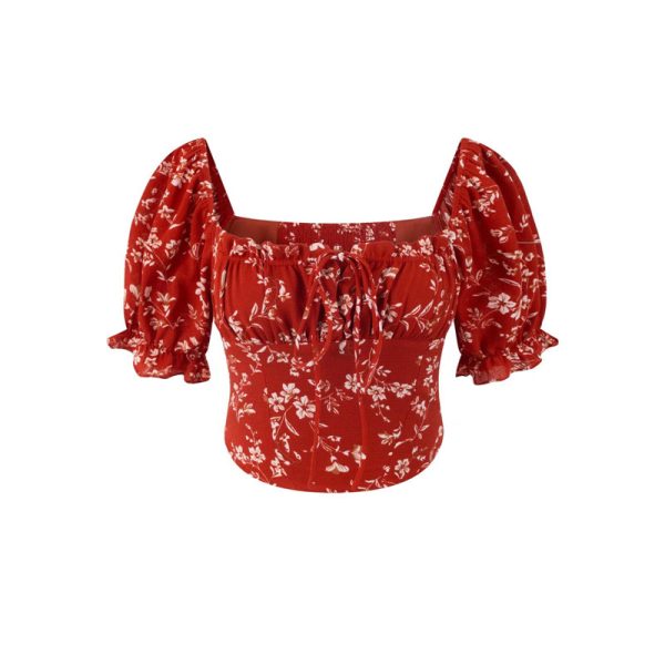 Floral Puff Sleeve Top with Square Neck and Drawstring Waist - Spring/Summer 2025 Vacation Style, Perfect for 90s and Y2K Fashion