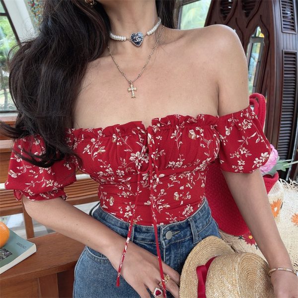 Floral Puff Sleeve Top with Square Neck and Drawstring Waist - Spring/Summer 2025 Vacation Style, Perfect for 90s and Y2K Fashion