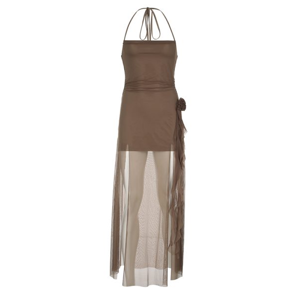 Floral Ribbon Split Hem Backless Halter Camisole Dress with Sheer Mesh Splicing - Y2K Style Long Skirt