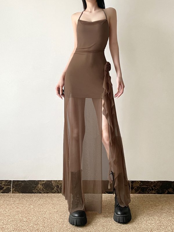 Floral Ribbon Split Hem Backless Halter Camisole Dress with Sheer Mesh Splicing - Y2K Style Long Skirt