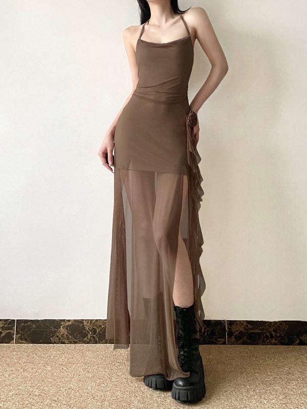Floral Ribbon Split Hem Backless Halter Camisole Dress with Sheer Mesh Splicing - Y2K Style Long Skirt