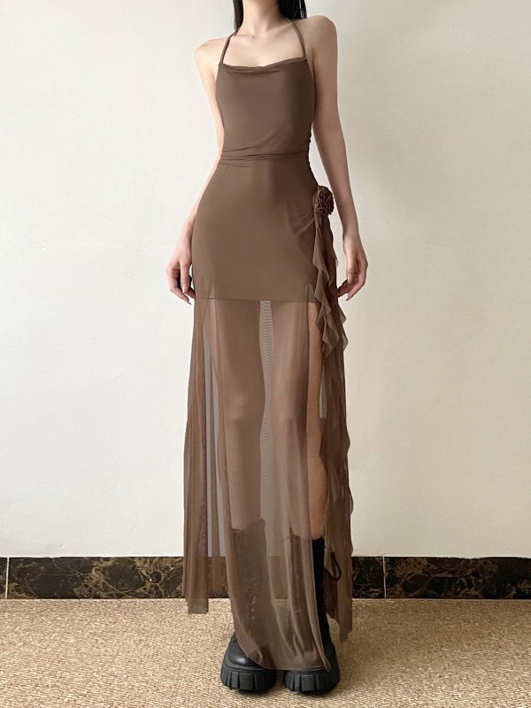 Floral Ribbon Split Hem Backless Halter Camisole Dress with Sheer Mesh Splicing - Y2K Style Long Skirt