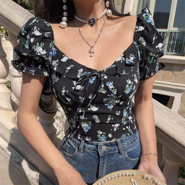 Floral Ruffled Puff Sleeve Tie Short-Sleeve Shirt - 2025 Spring/Summer Vacation Top