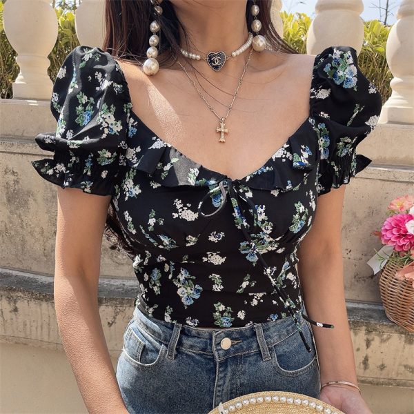 Floral Ruffled Puff Sleeve Tie Short-Sleeve Shirt - 2025 Spring/Summer Vacation Top