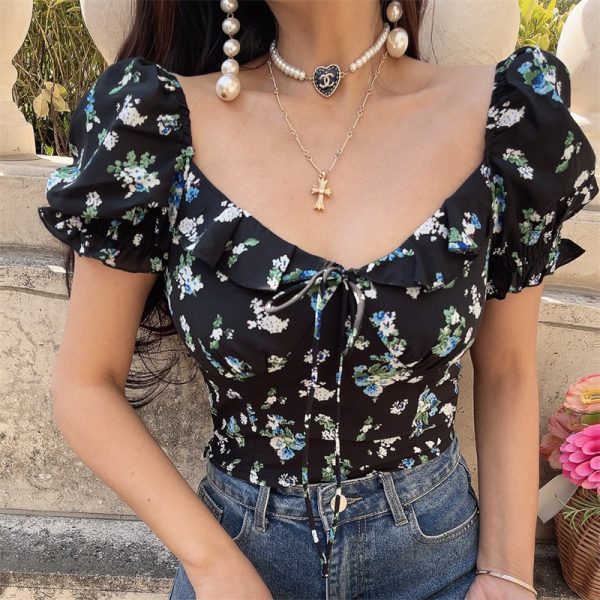 Floral Ruffled Puff Sleeve Tie Short-Sleeve Shirt - 2025 Spring/Summer Vacation Top