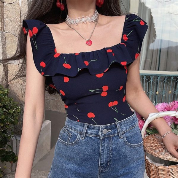 Floral Ruffled Square Neck Cami Top for Women - Handmade Vintage French Style - Spring/Summer 2024 Vacation Fashion