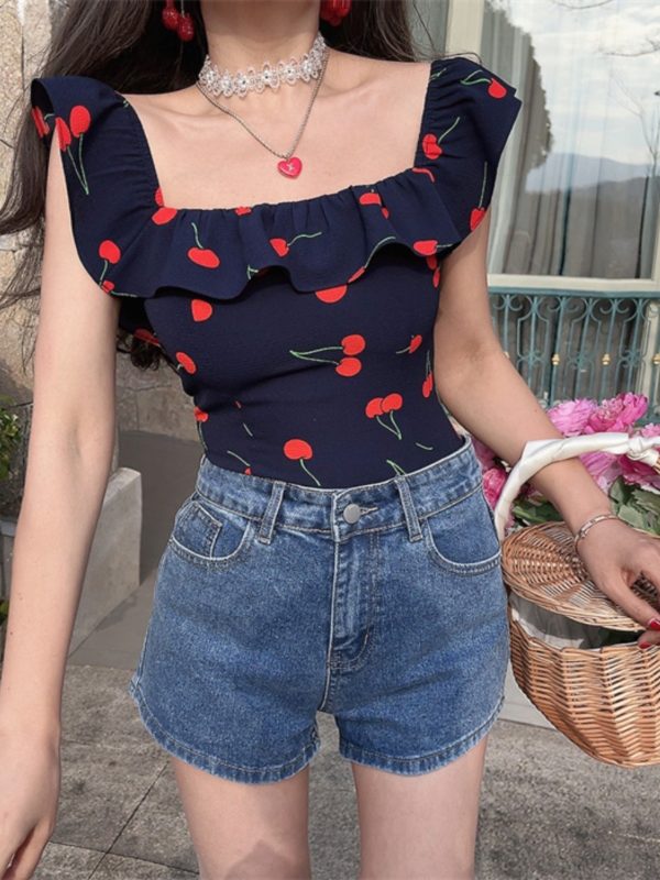 Floral Ruffled Square Neck Cami Top for Women - Handmade Vintage French Style - Spring/Summer 2024 Vacation Fashion