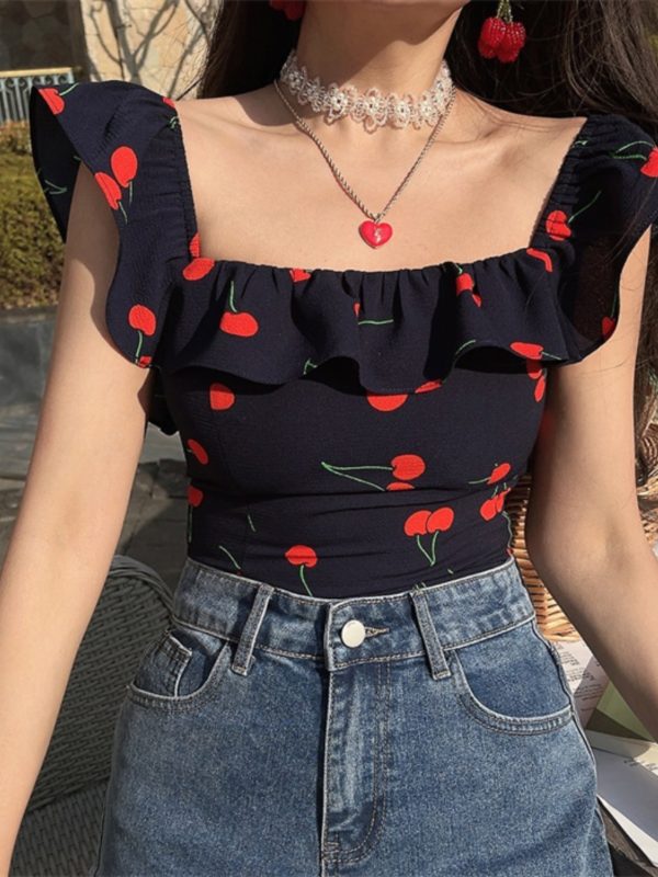 Floral Ruffled Square Neck Cami Top for Women - Handmade Vintage French Style - Spring/Summer 2024 Vacation Fashion