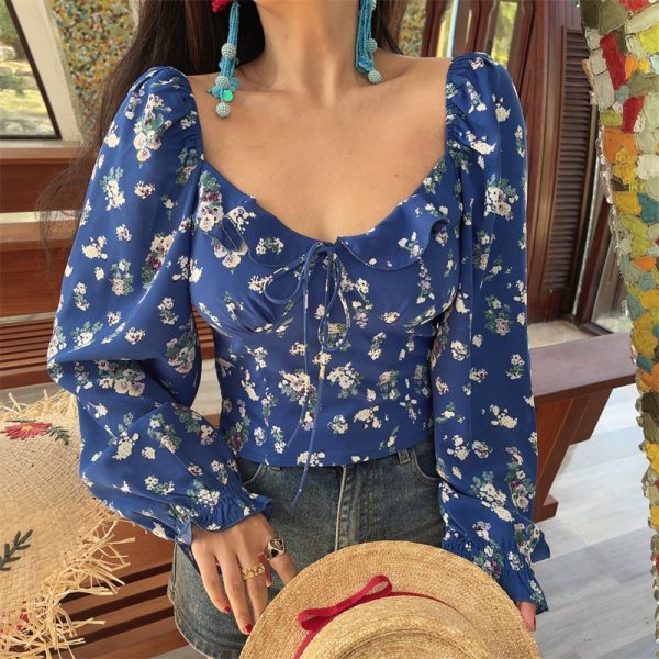 Floral Ruffled Square Neck Lantern Sleeve Crop Top - 2025 Spring/Summer Vacation Style, Y2K Inspired Fashion
