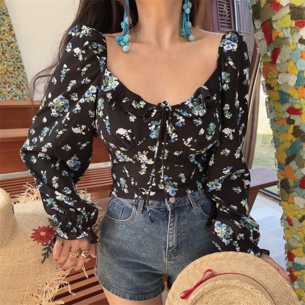 Floral Ruffled Square Neck Lantern Sleeve Crop Top - 2025 Spring/Summer Vacation Style, Y2K Inspired Fashion