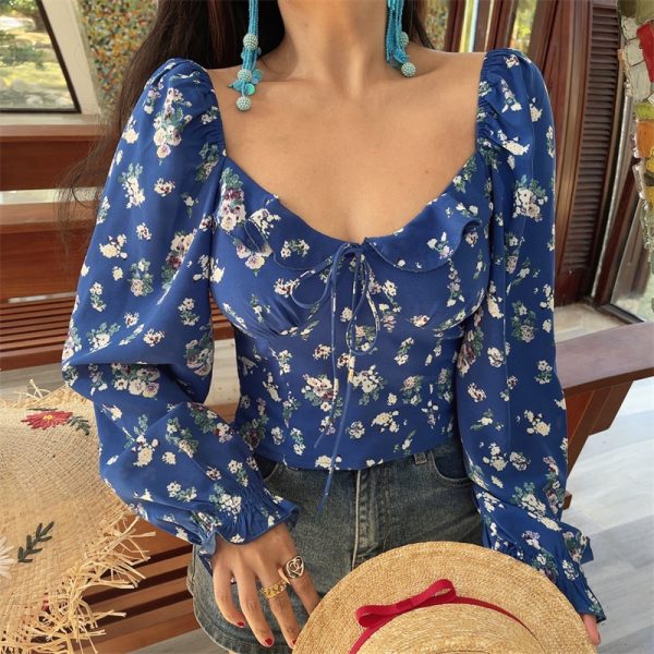 Floral Ruffled Square Neck Lantern Sleeve Crop Top - 2025 Spring/Summer Vacation Style, Y2K Inspired Fashion