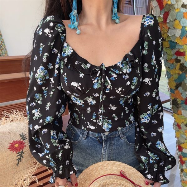 Floral Ruffled Square Neck Lantern Sleeve Crop Top - 2025 Spring/Summer Vacation Style, Y2K Inspired Fashion
