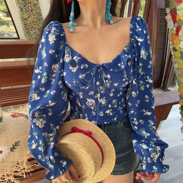 Floral Ruffled Square Neck Lantern Sleeve Crop Top - 2025 Spring/Summer Vacation Style, Y2K Inspired Fashion