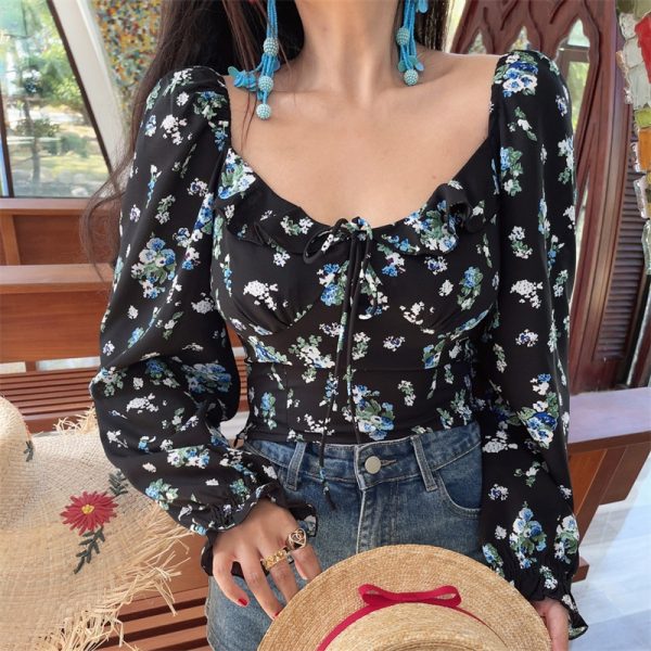 Floral Ruffled Square Neck Lantern Sleeve Crop Top - 2025 Spring/Summer Vacation Style, Y2K Inspired Fashion