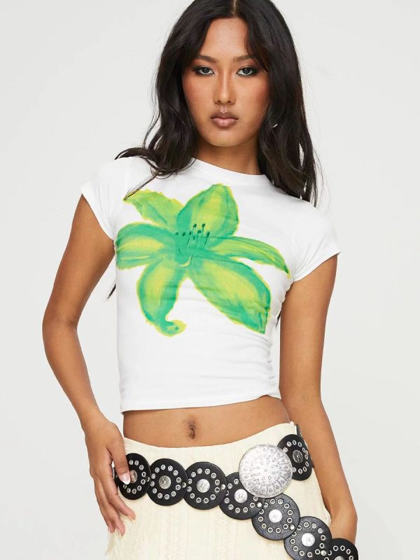 Floral Short-Sleeve Crop Top for Women - Y2K American Retro Style, Summer Slim Fit, Spicy Sweet Design