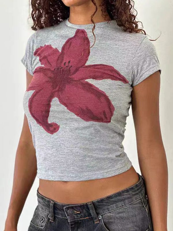 Floral Short-Sleeve Crop Top for Women - Y2K American Retro Style, Summer Slim Fit, Spicy Sweet Design