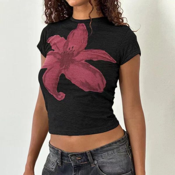 Floral Short-Sleeve Crop Top for Women - Y2K American Retro Style, Summer Slim Fit, Spicy Sweet Design