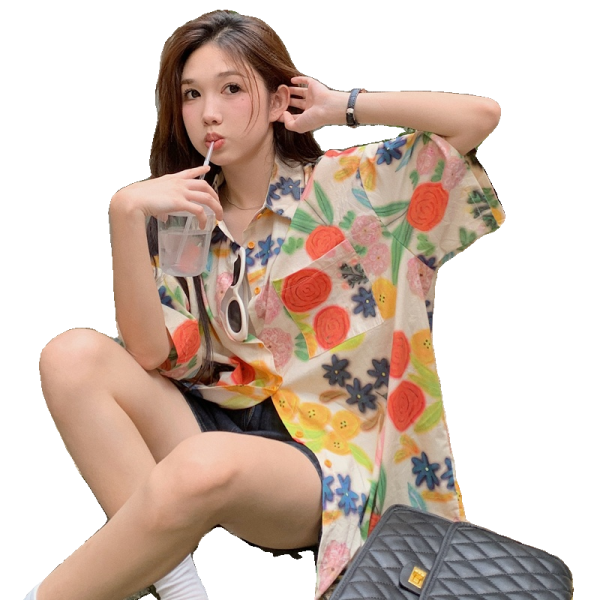 Floral Short-Sleeve Shirt for Girls, Hawaiian Vacation Beach Top, Retro Hong Kong Style Loose Fit, Summer Fashion Essential