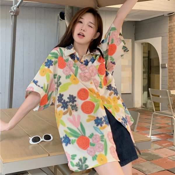 Floral Short-Sleeve Shirt for Girls, Hawaiian Vacation Beach Top, Retro Hong Kong Style Loose Fit, Summer Fashion Essential