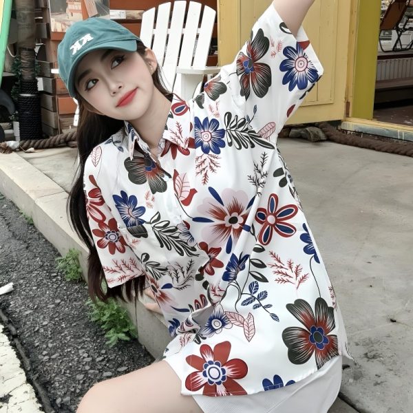 Floral Short Sleeve Shirt for Women - Loose Casual Hawaiian Beach Blouse in Ice Silk - Trendy Summer Top for Seaside Vacations