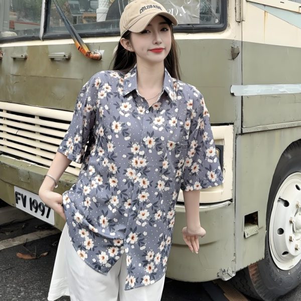 Floral Short Sleeve Shirt for Women - Loose Casual Hawaiian Beach Blouse in Ice Silk - Trendy Summer Top for Seaside Vacations