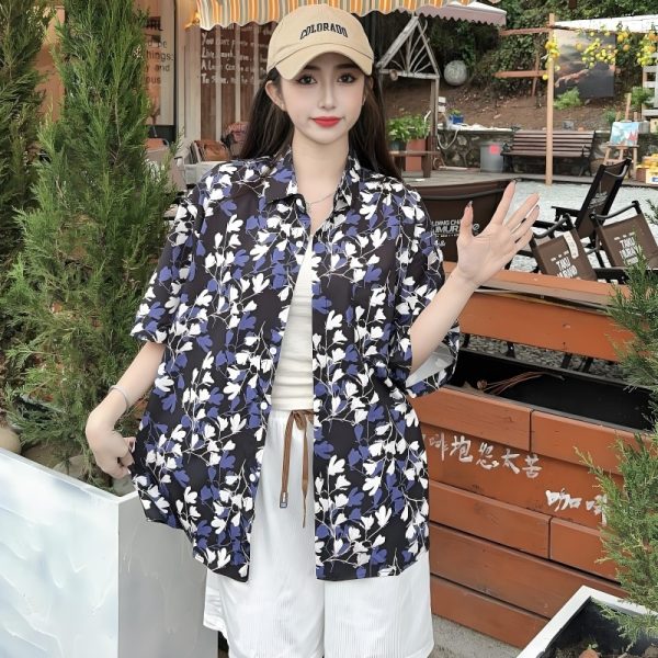 Floral Short Sleeve Shirt for Women - Loose Casual Hawaiian Beach Blouse in Ice Silk - Trendy Summer Top for Seaside Vacations