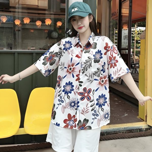Floral Short Sleeve Shirt for Women - Loose Casual Hawaiian Beach Blouse in Ice Silk - Trendy Summer Top for Seaside Vacations