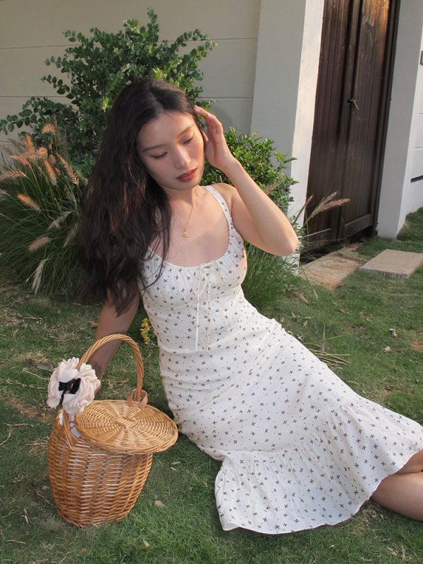 Floral Spaghetti Strap Dress - Sexy Slim Long Dress in French Style, Perfect for Summer, Y2K and 90s Fashion Lovers