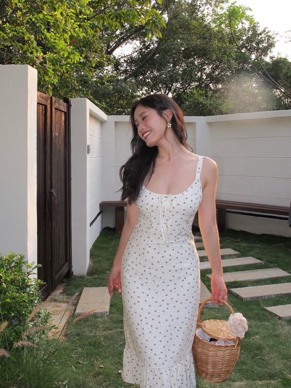 Floral Spaghetti Strap Dress - Sexy Slim Long Dress in French Style, Perfect for Summer, Y2K and 90s Fashion Lovers