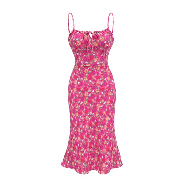 Floral Spaghetti Strap Dress for Women - Summer Vacation Beach Bodycon Dress with Waist-Defined Silhouette - European & American Style
