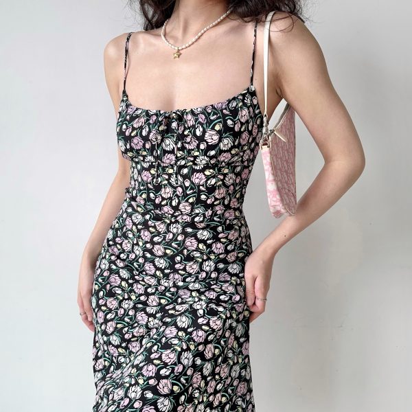Floral Spaghetti Strap Dress for Women - Summer Vacation Beach Bodycon Dress with Waist-Defined Silhouette - European & American Style