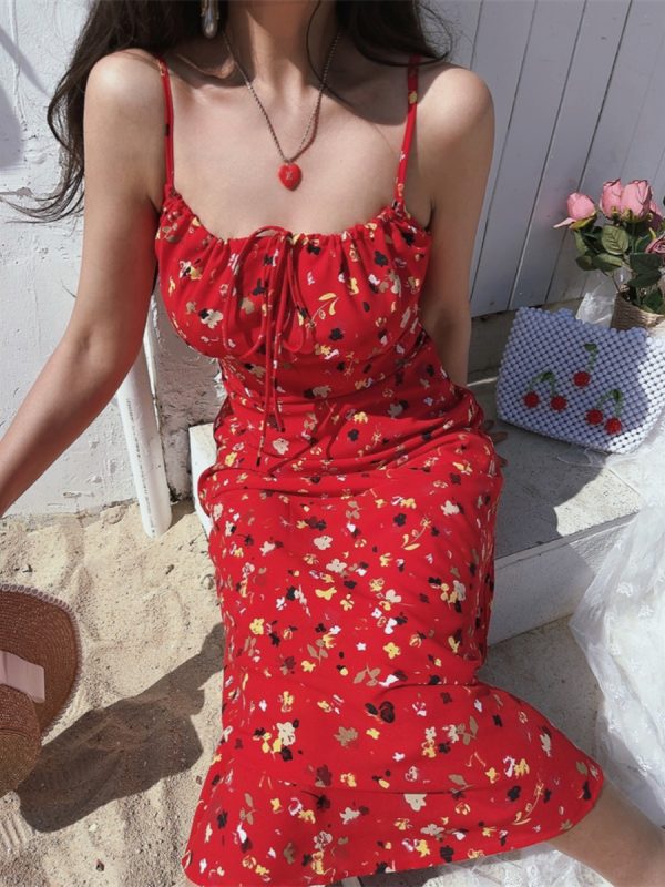 Floral Square-Neck Camisole Long Dress in Chenopod Fabric - Vintage French Style for Women, Spring/Summer 2025 Vacation Fashion
