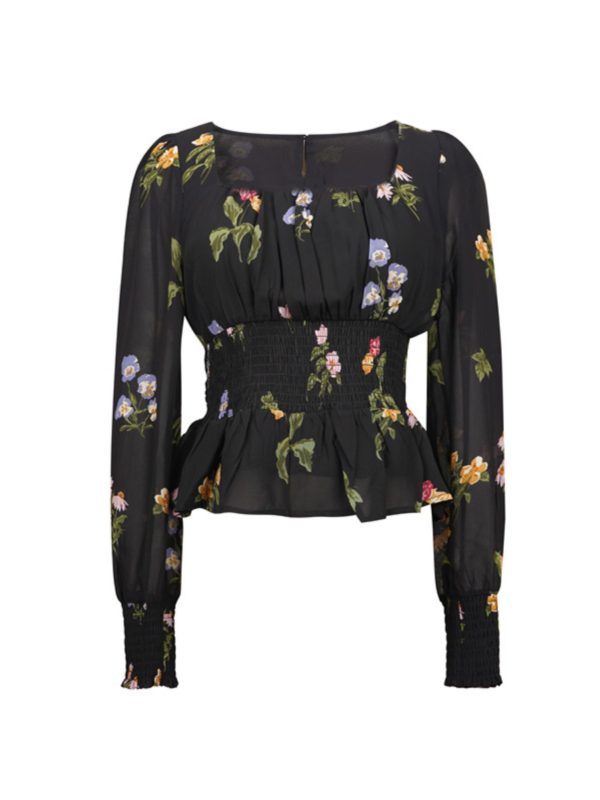 Floral Square Neck Lantern Sleeve Shirt - Vintage-Inspired Paper Doll Top for Spring Summer Vacation - Waist-Cinching Style