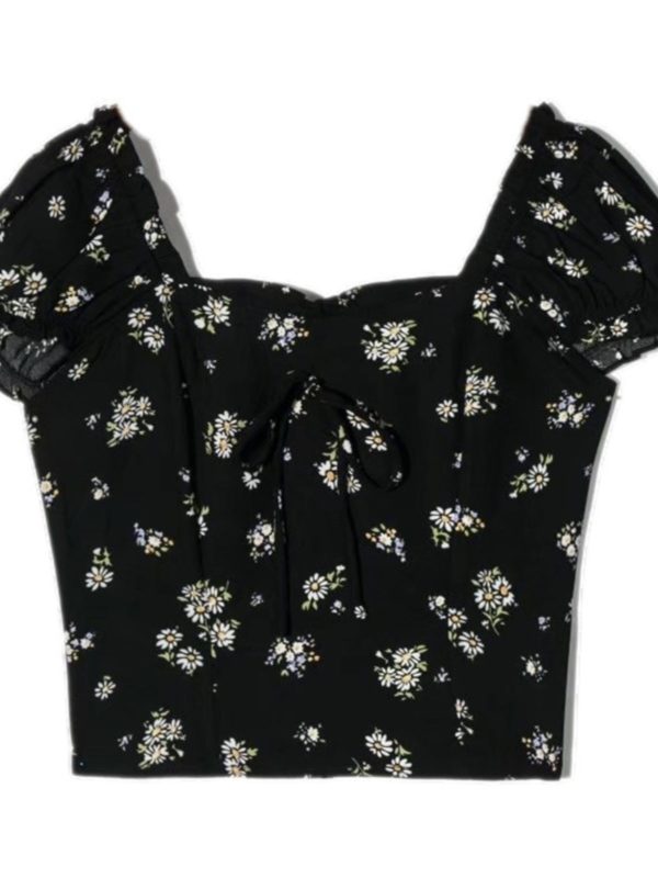 Floral Square-Neck Puff Sleeve Shirt - Retro French Style Short Sleeve Vacation Top for Women - 2025 Spring/Summer Collection